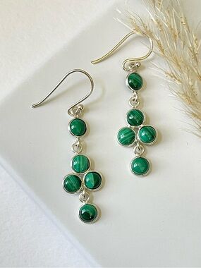 925 Sterling Silver Natural Malachite Dangle Earrings, Easy on Ears! (1.75”)